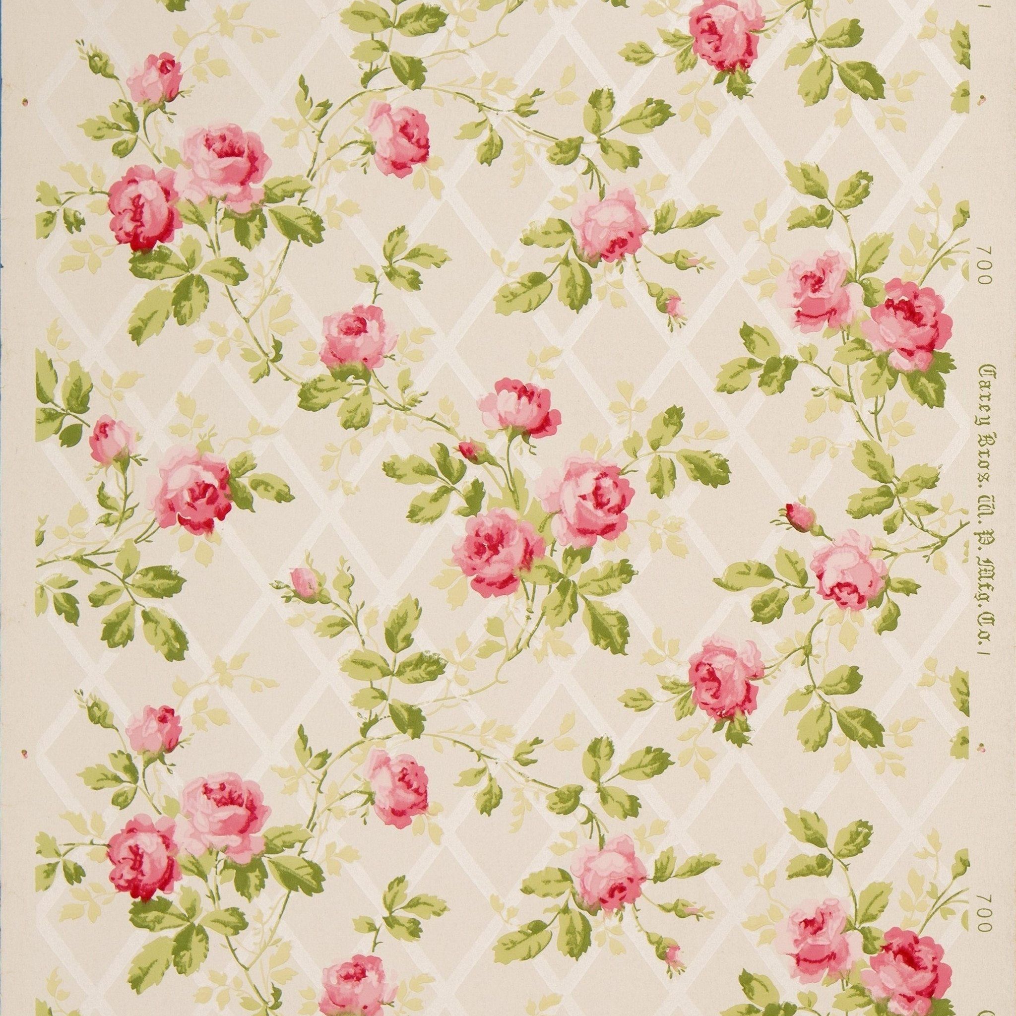 Rose Vines On Diamond Mica Lattice Antique Wallpaper Remnant In