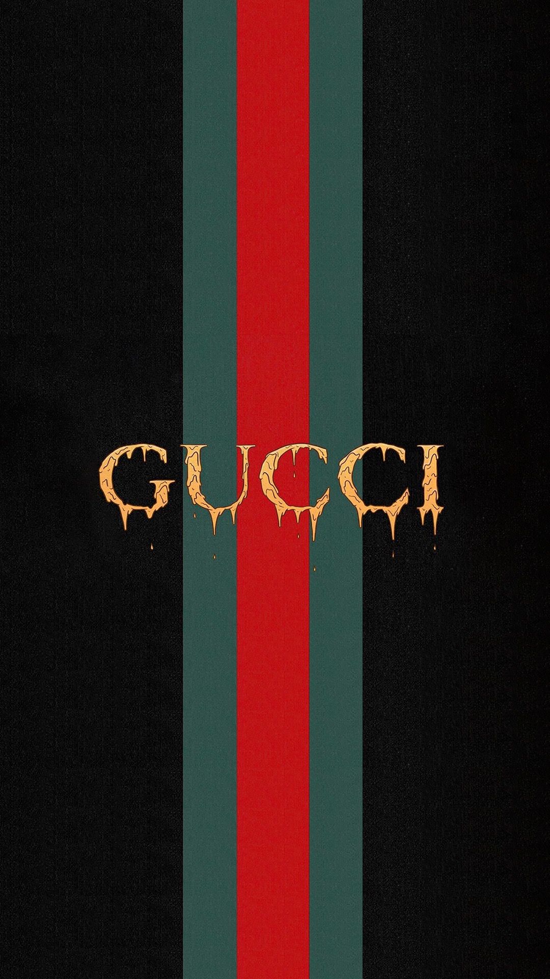 Gucci logo with dripping gold effect against signature green and red stripes on a black background