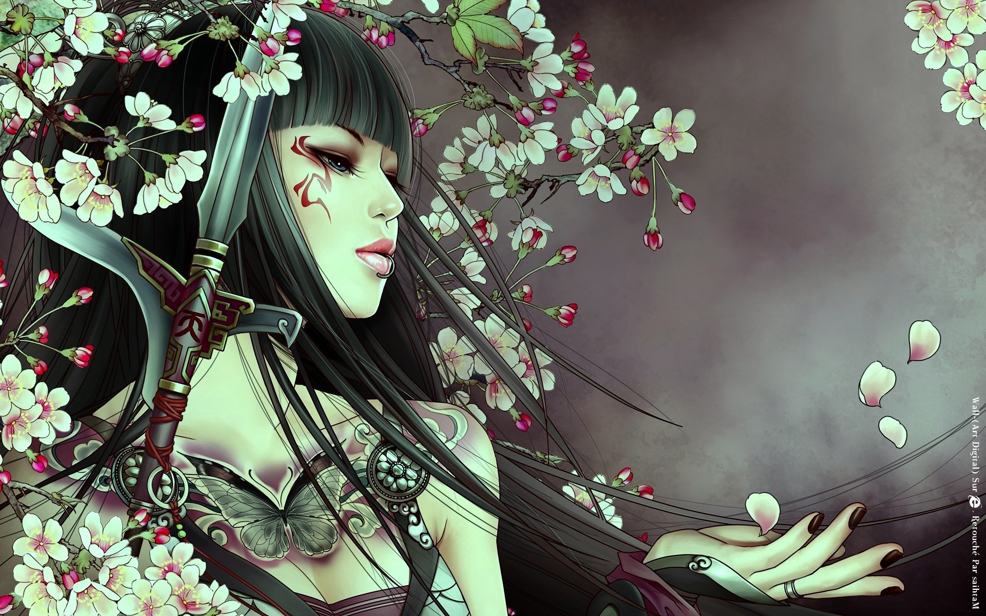Anime girl with cherry blossoms and katana, fantasy art