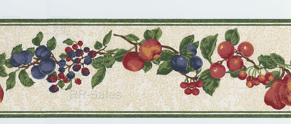 Country Cherries Plum Berry Fruit Speckled Tan Green Roll Border