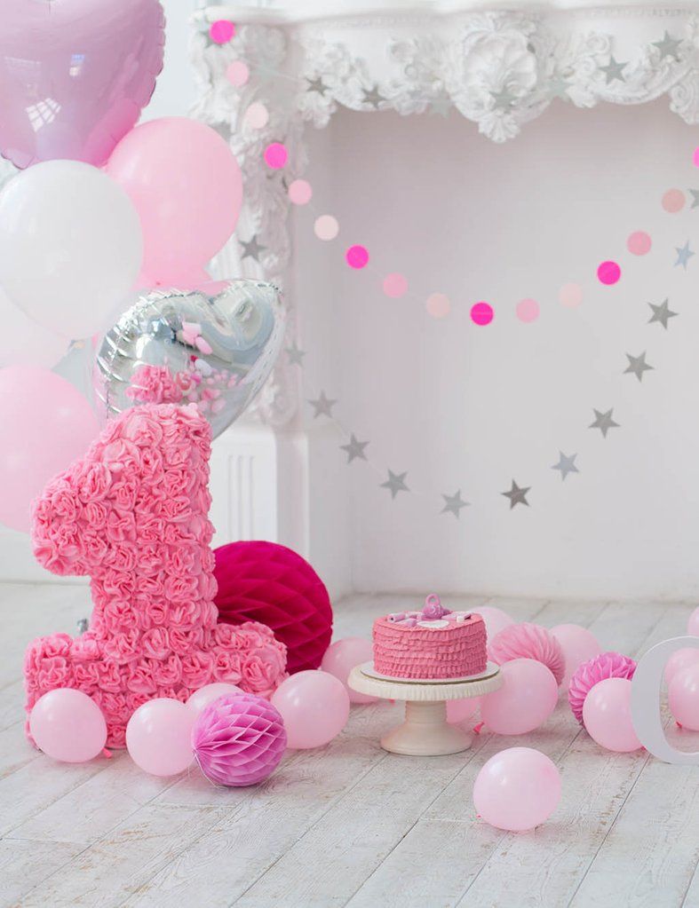 Pink Balloons And Fireplace For Baby BirtHDay Photo Backdrop