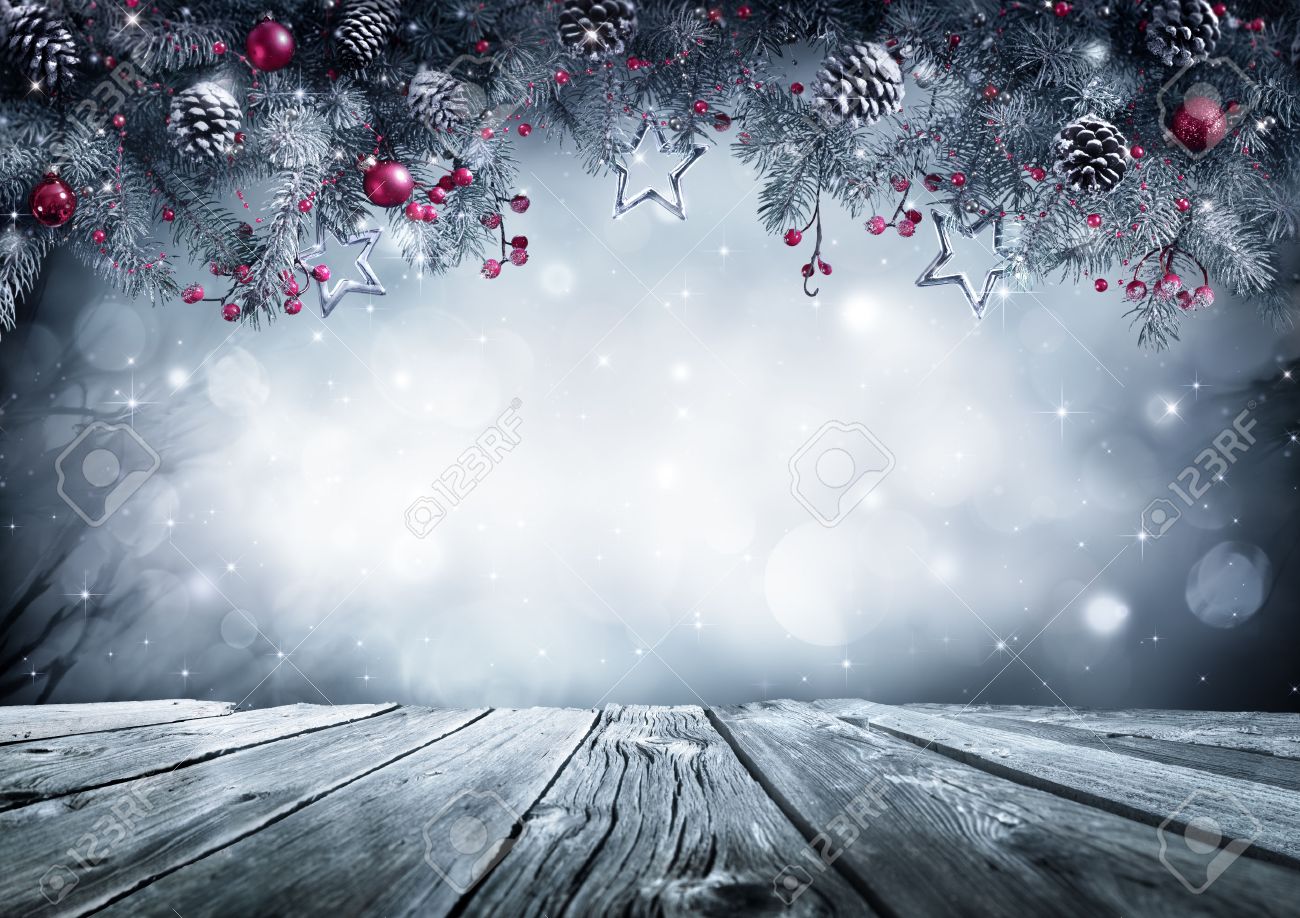 Winter Background With Frost Fir Branch On Vintage Table Stock