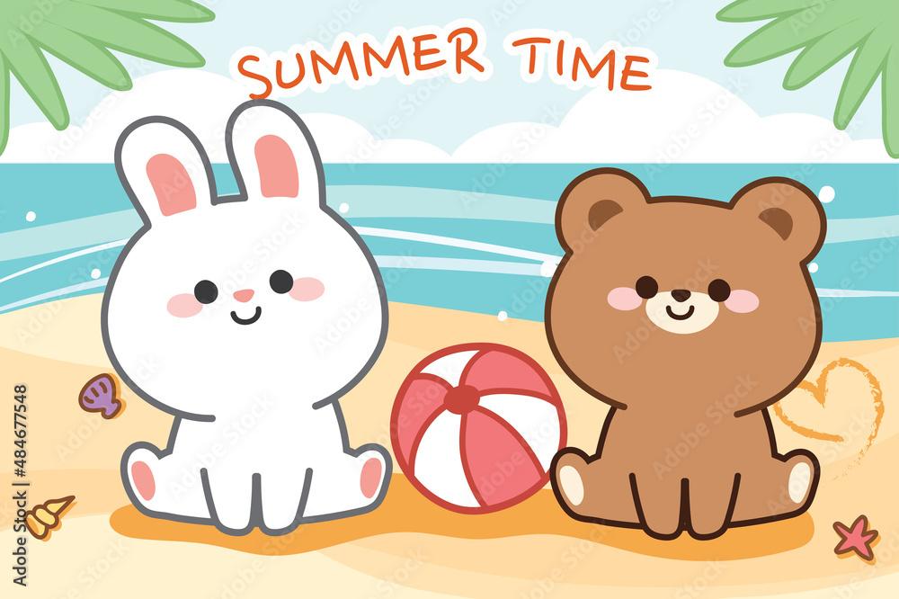Summer conceptCute rabbit and bear sit on the beachAnimals