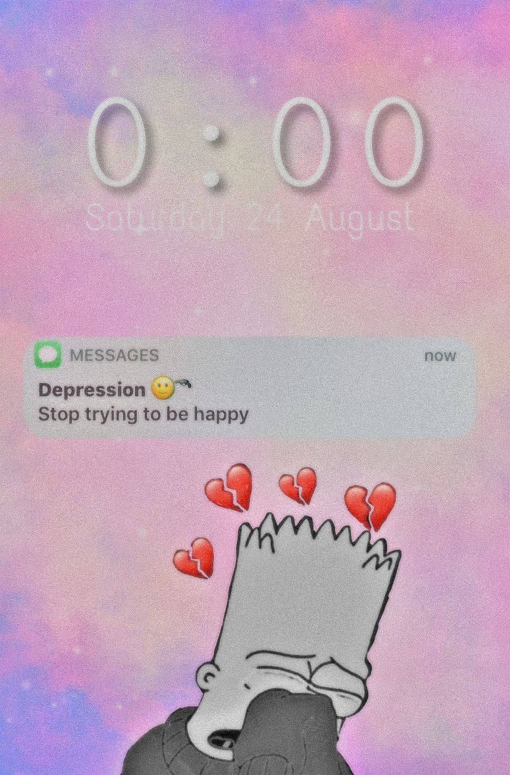 A grayscale image of Bart Simpson crying, with broken hearts floating above his head, against a pastel pink and purple background. A text message notification reads 'Depression. Stop trying to be happy.'