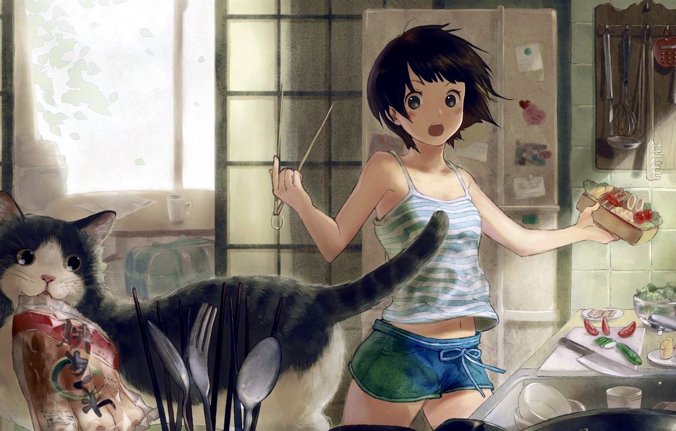 Wallpaper Girl shorts anime food cat short hair animal 1332x850