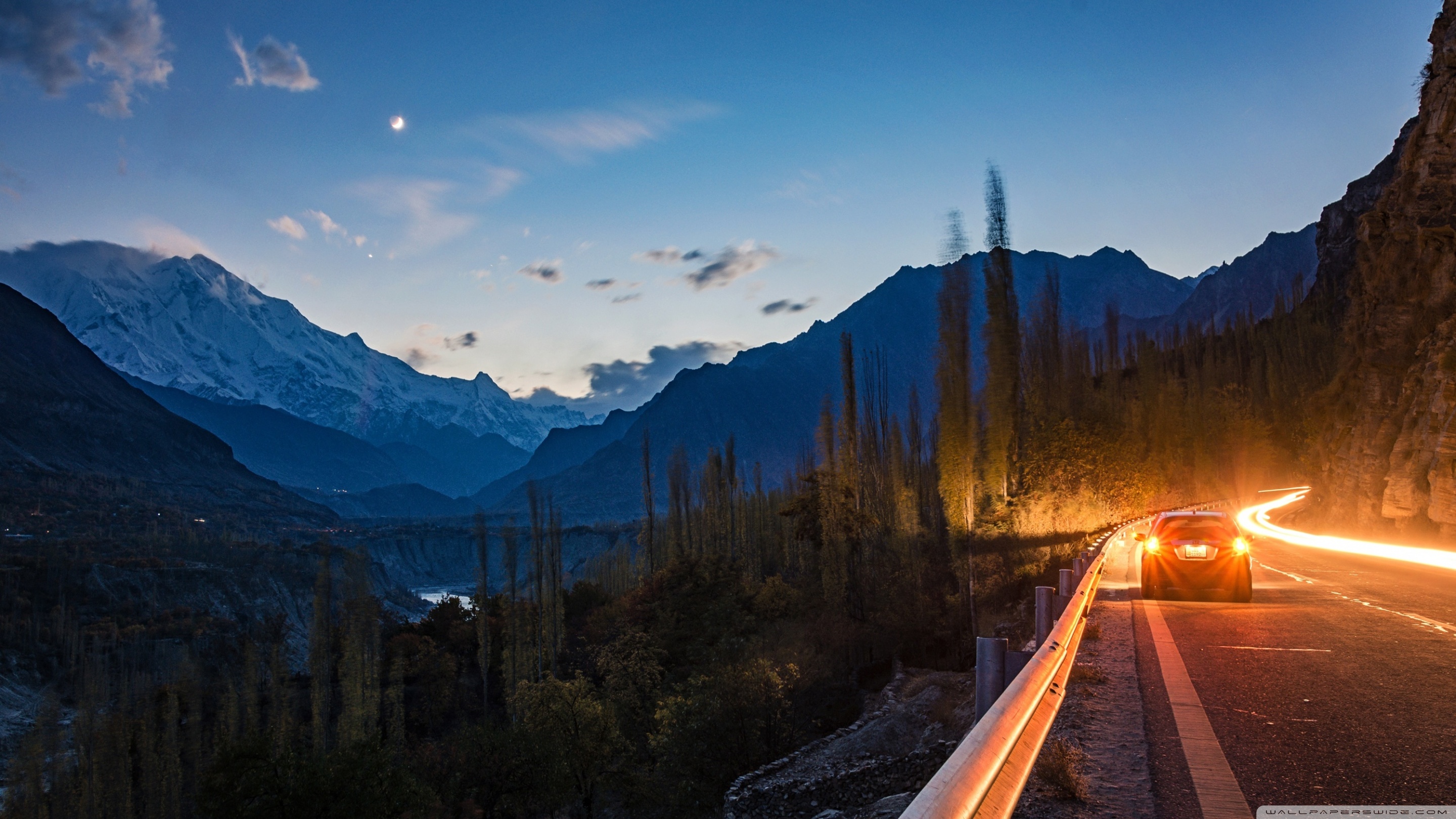 Car Road Hunza Valley Pakistan Forest Mountains Ultra HD