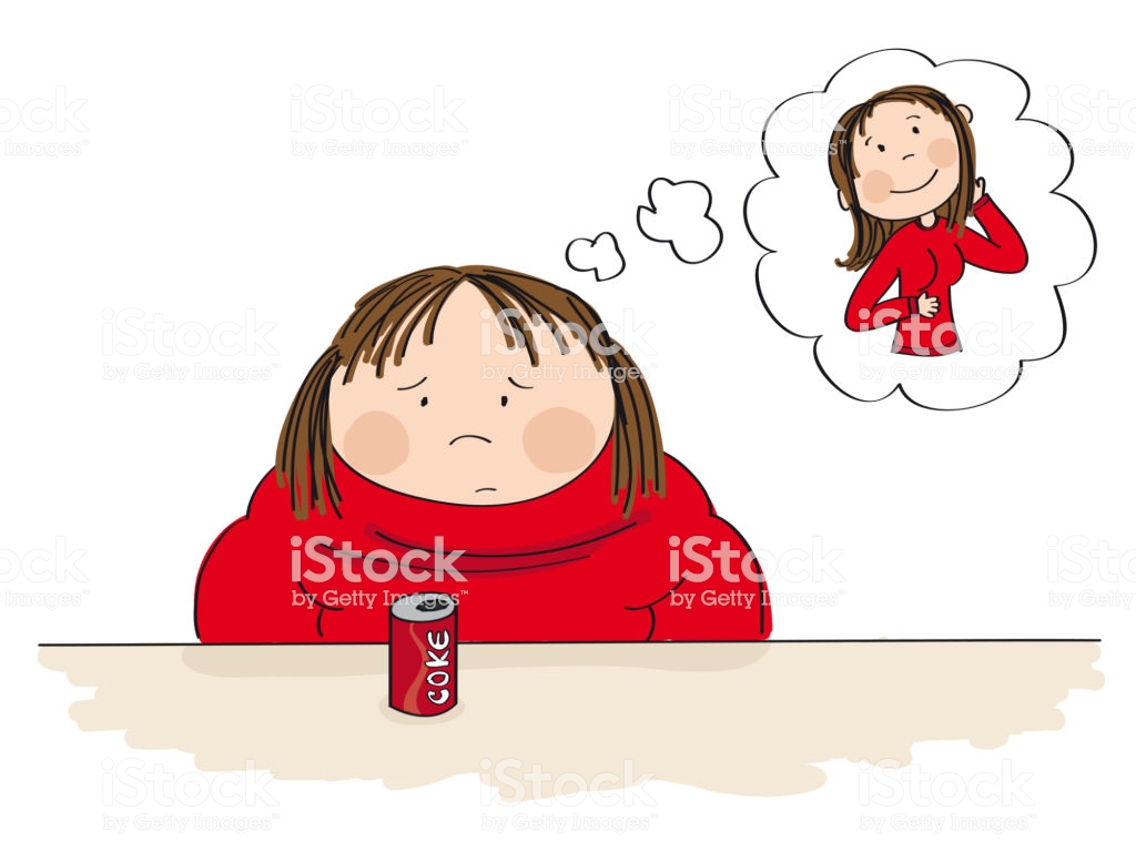 Sad Fat Woman Sitting Behind The Table With Can Of Coke In Front