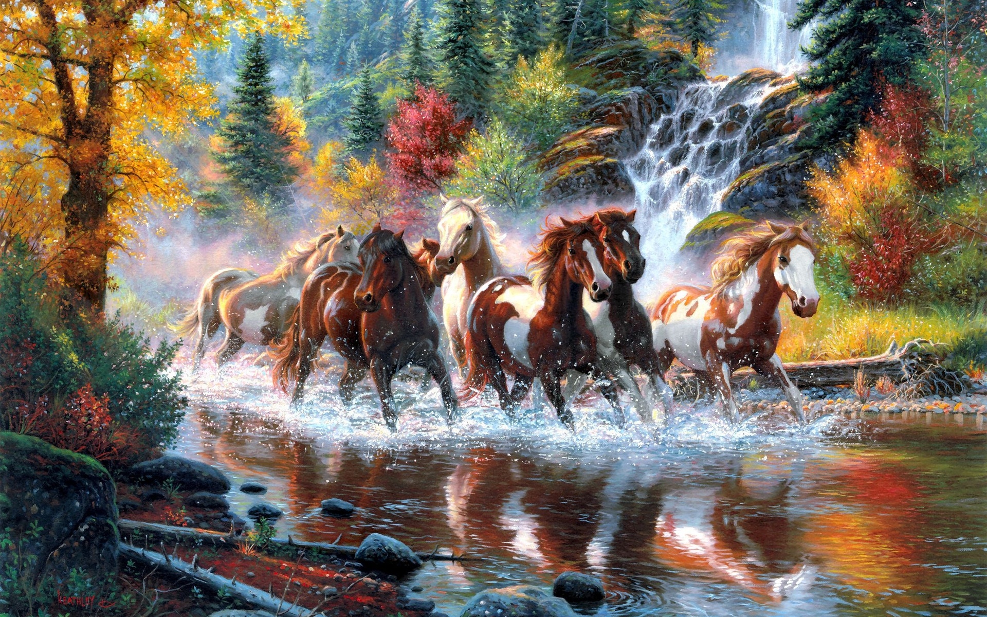 Horses Paintings Landscapes Nature Trees Forest Waterfall Autumn Fall