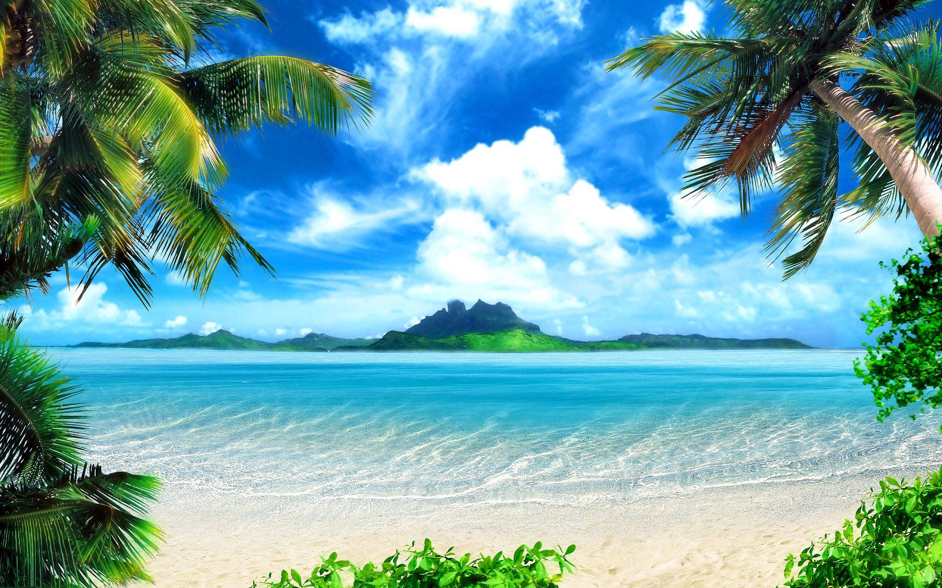 Tropical paradise beach with crystal clear turquoise water, white sand, palm trees, and a lush green island in the background
