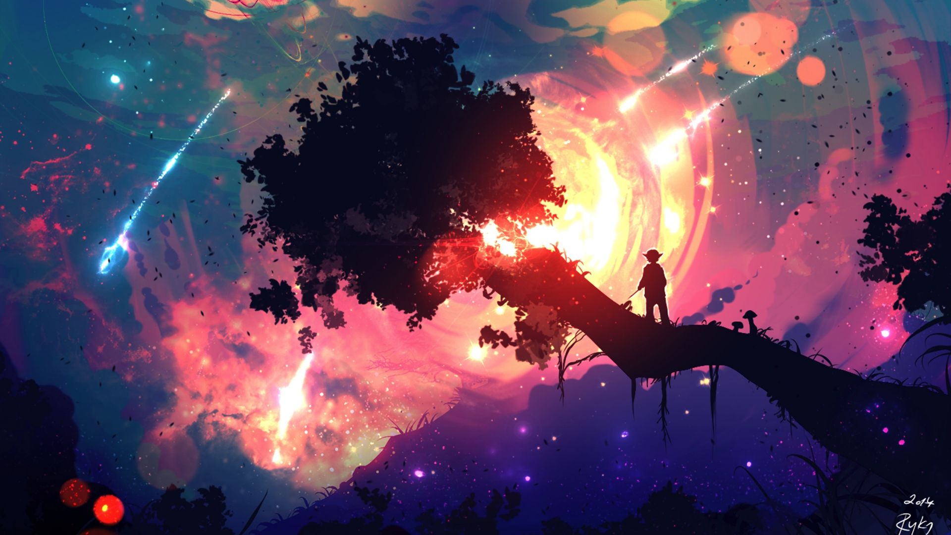 Desktop Wallpaper Illustration Sunset Boy On Tree Night Anime