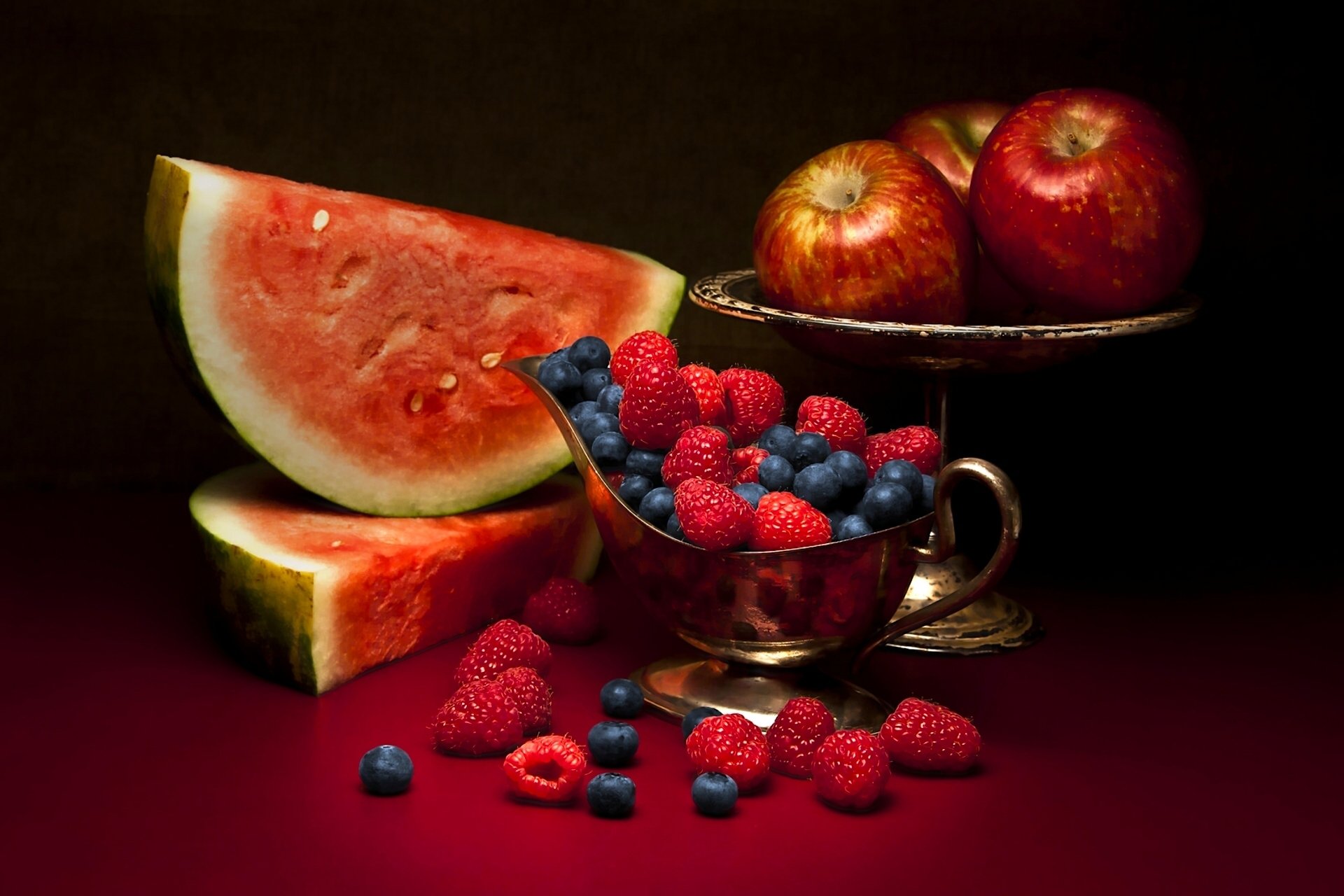 Blueberry Raspberry Watermelon Apple Still Life Food Fruit HD Wallpaper