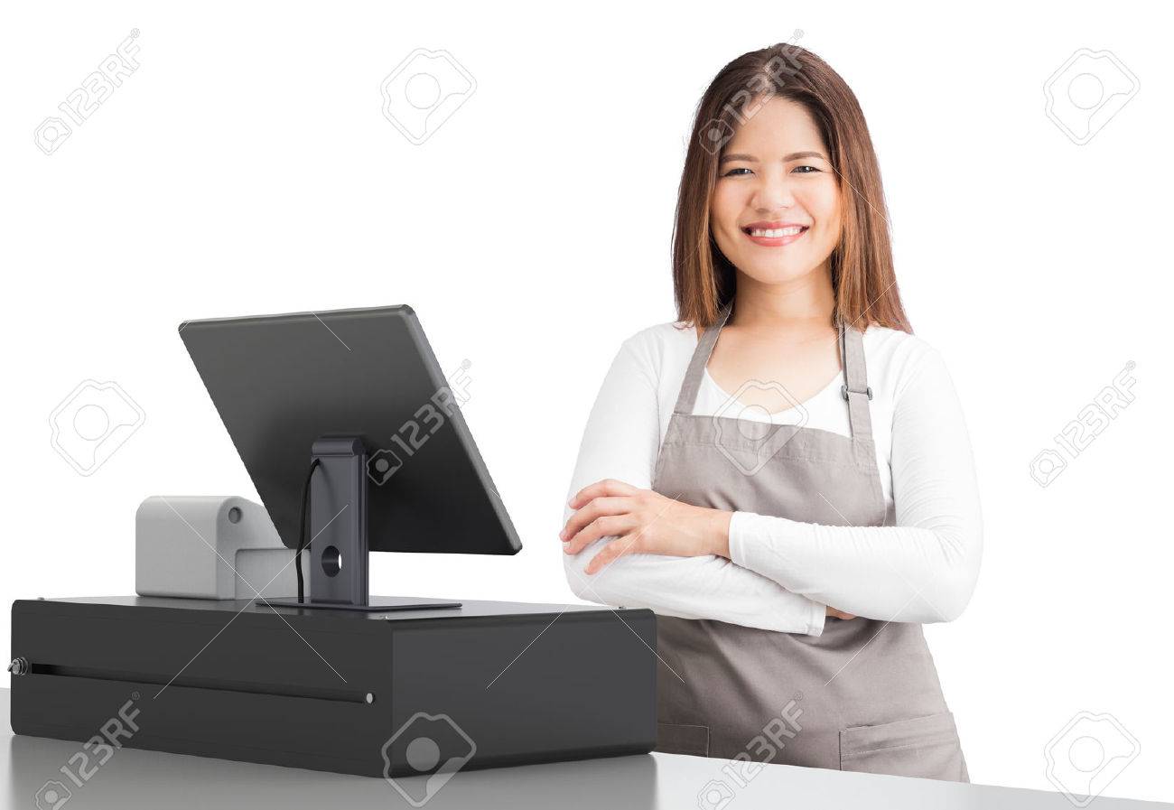 Asian Worker With 3d Rendering Cashier Desk On White Background