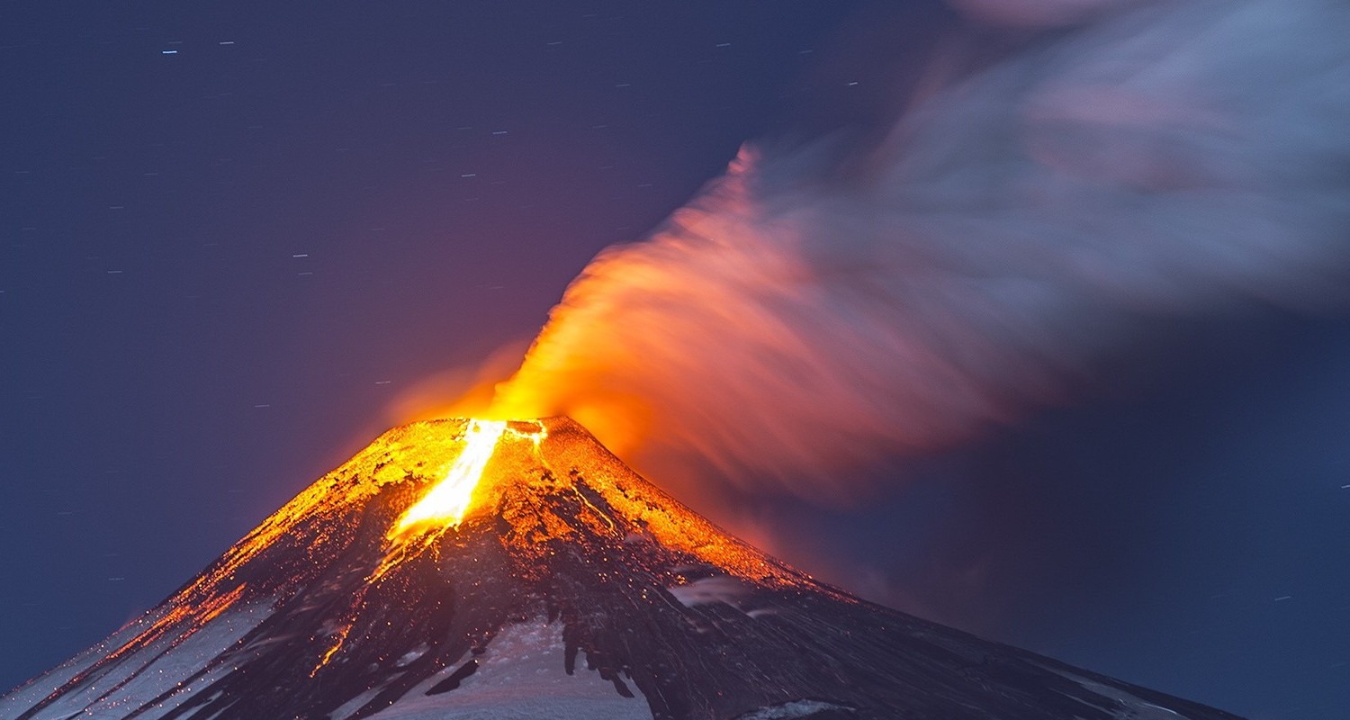 Nature Volcano Eruption Lava Starry Night Snowy Peak Smoke Long