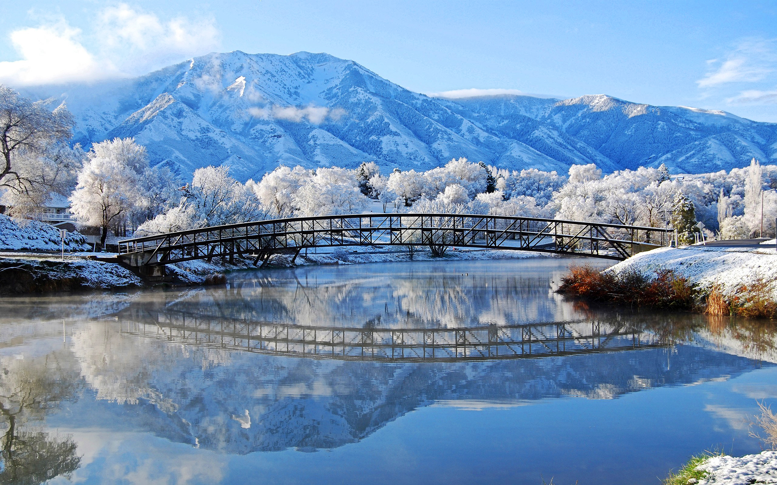 Winter River Bridge Reflection Widescreen And Full HD Wallpaper