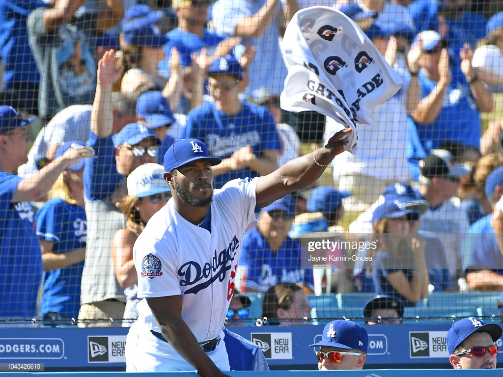 Yasiel Puig Cheers For Hyun Jin Ryu Of The Los Angeles Dodgers