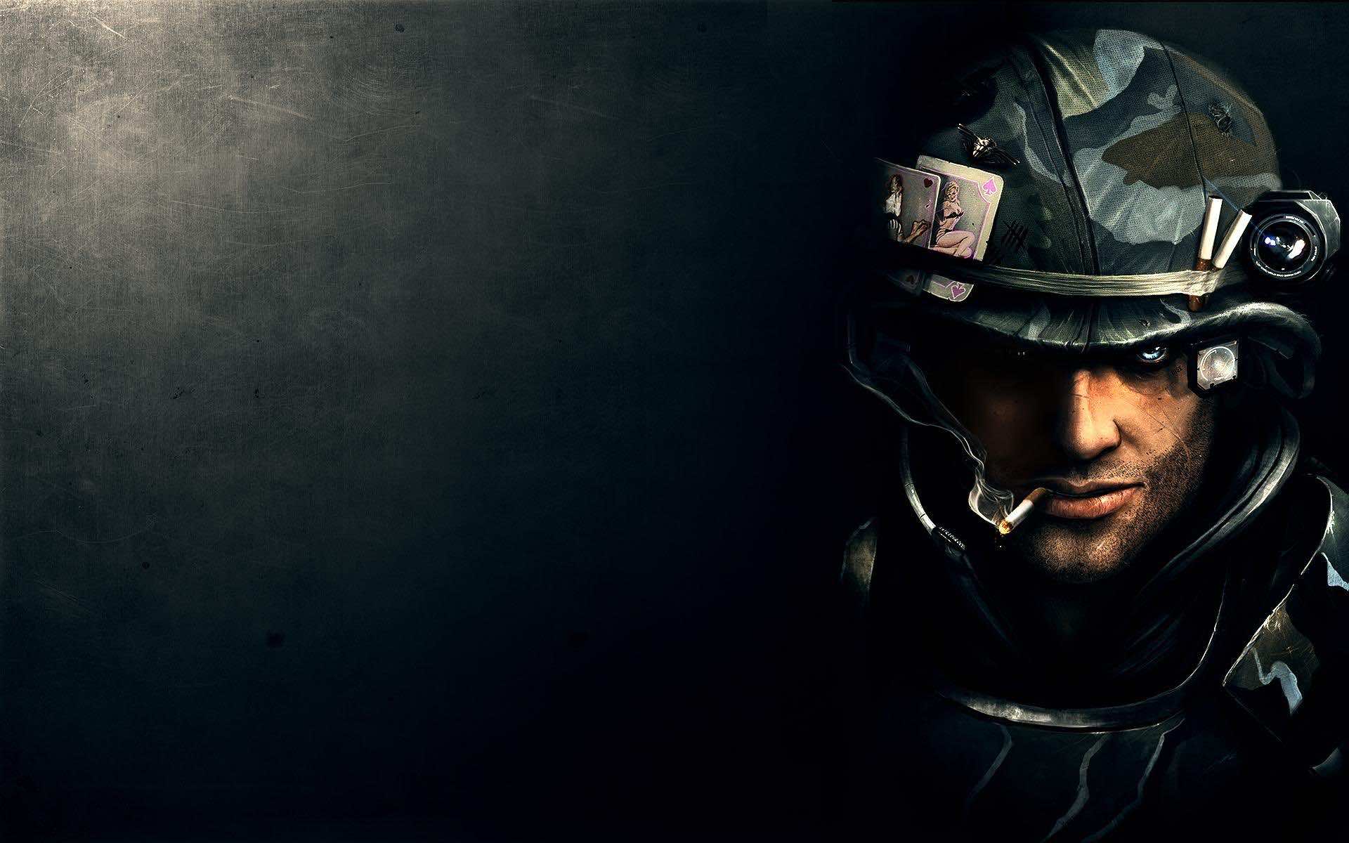 A gritty close-up of a futuristic soldier, cigarette dangling, against a dark, textured backdrop. Military wallpaper