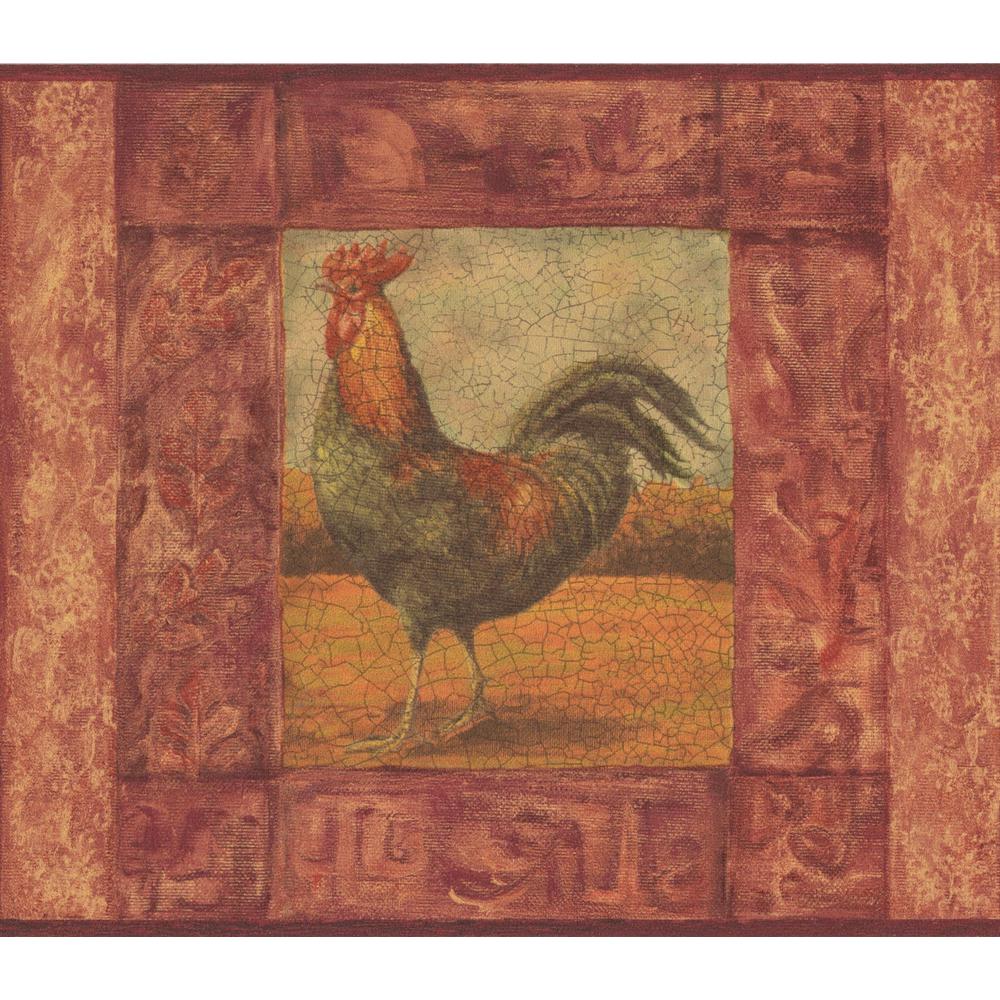 Norwall Cracked Red Frame Painting Of Rooster Vintage Prepasted
