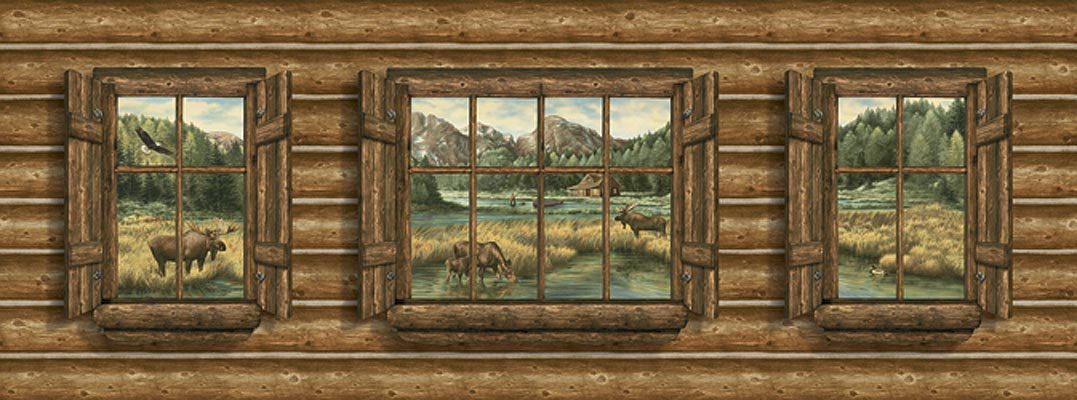 Log Cabin With Windows Moose Mural Lodge Outdoors Wallpaper
