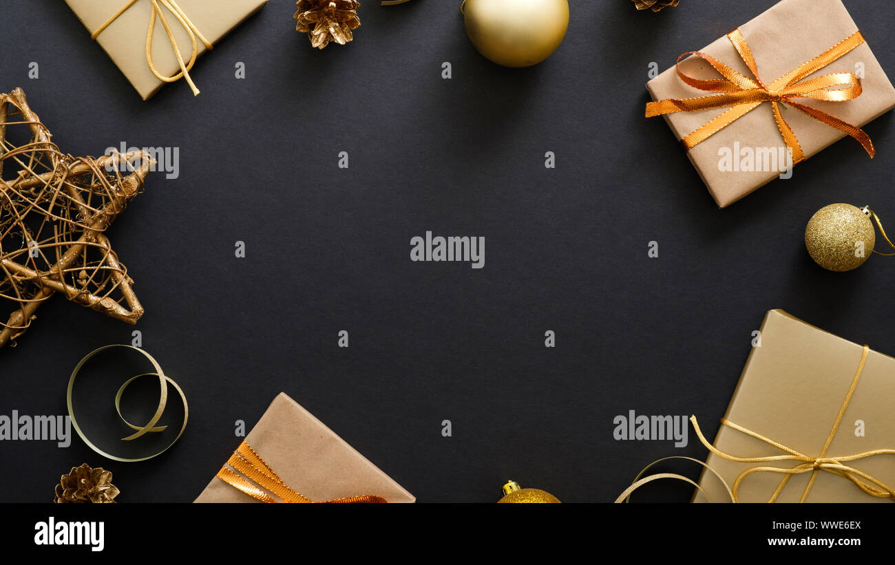Christmas Banner Black Xmas Background With Golden Decorations