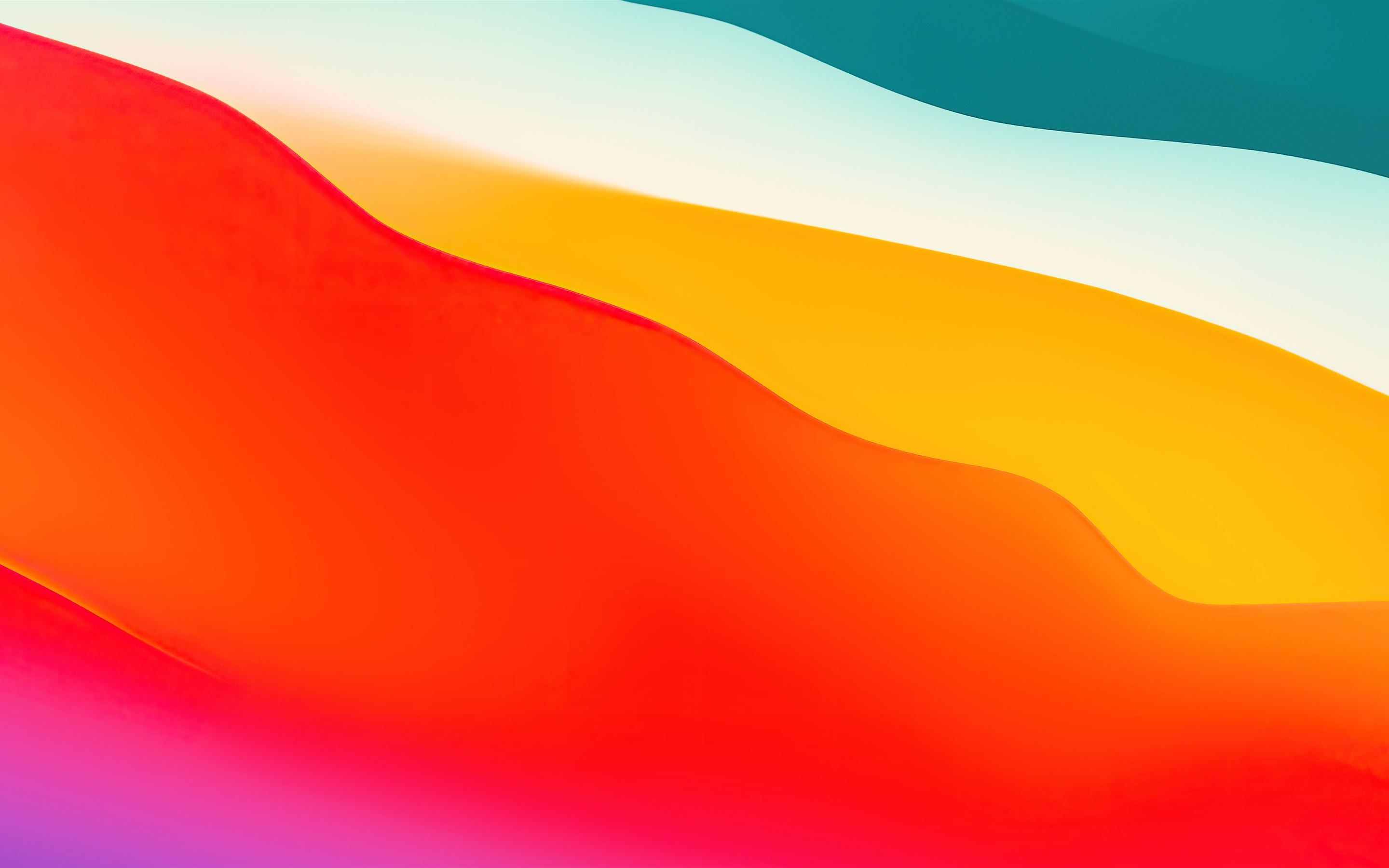 Abstract background with flowing waves of vibrant colors, including teal, white, yellow, orange, and pink. The smooth curves create a dynamic and visually appealing image. Suitable for use as a desktop wallpaper