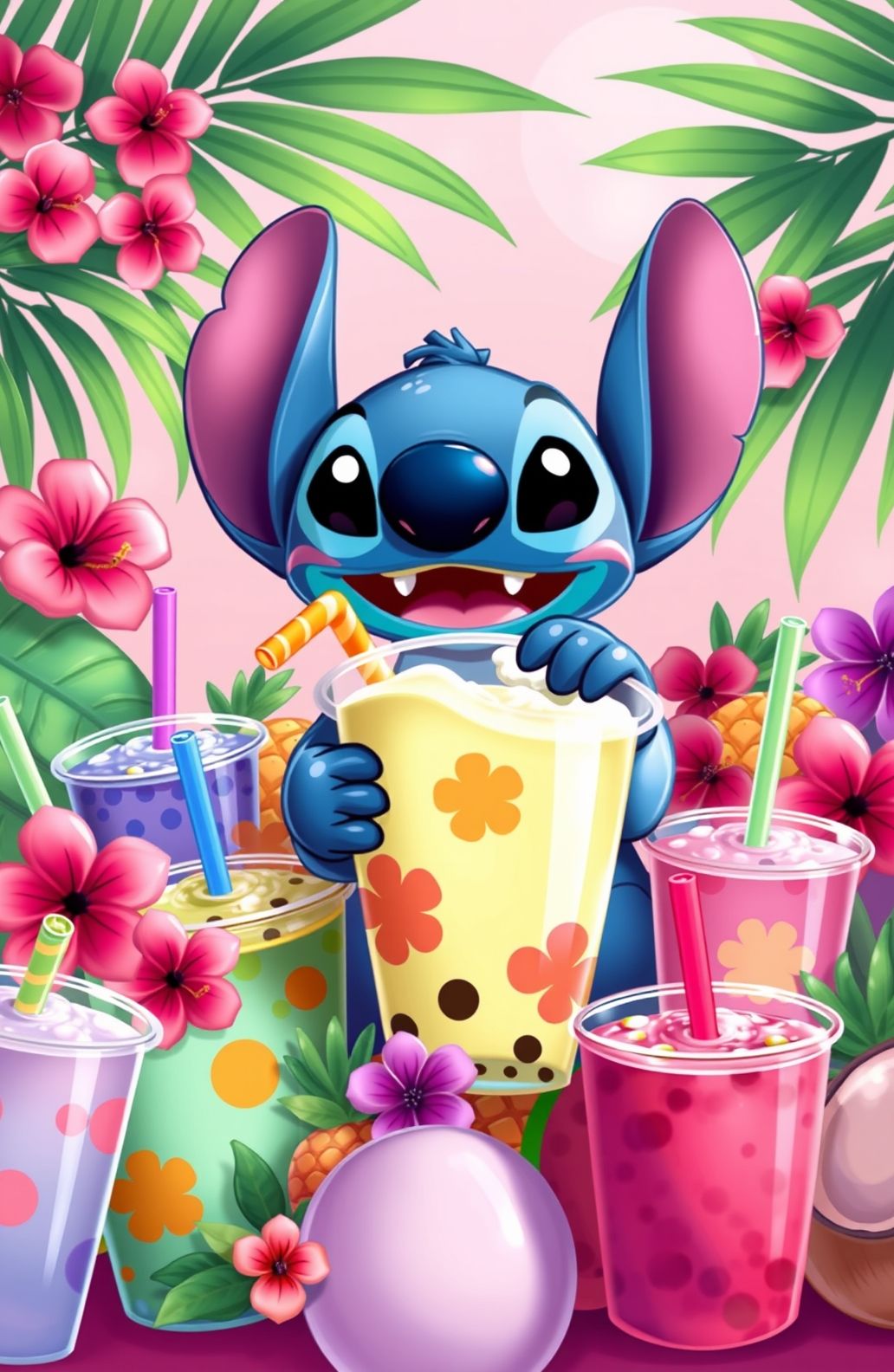 Stitch Drinking Boba Wallpaper