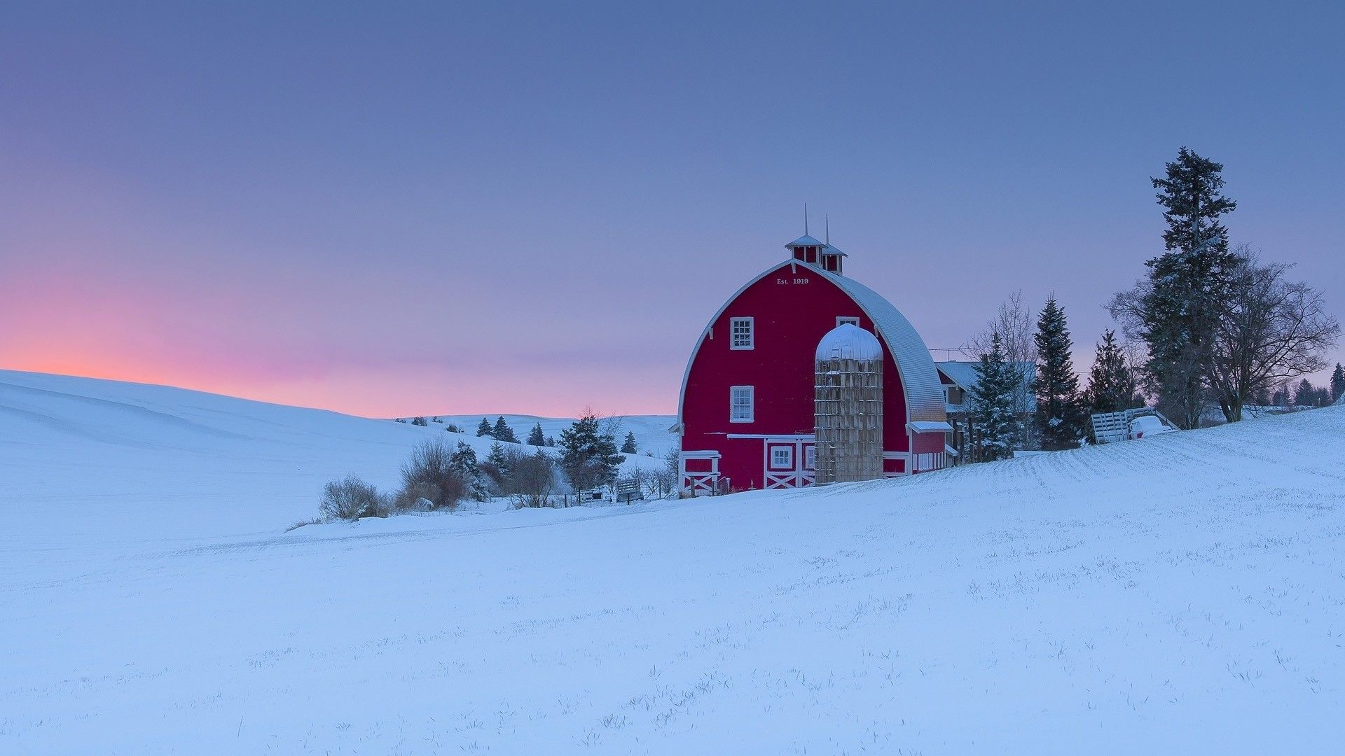 Red Barn Silo Winter Sunset Season Washington Region Art Hills
