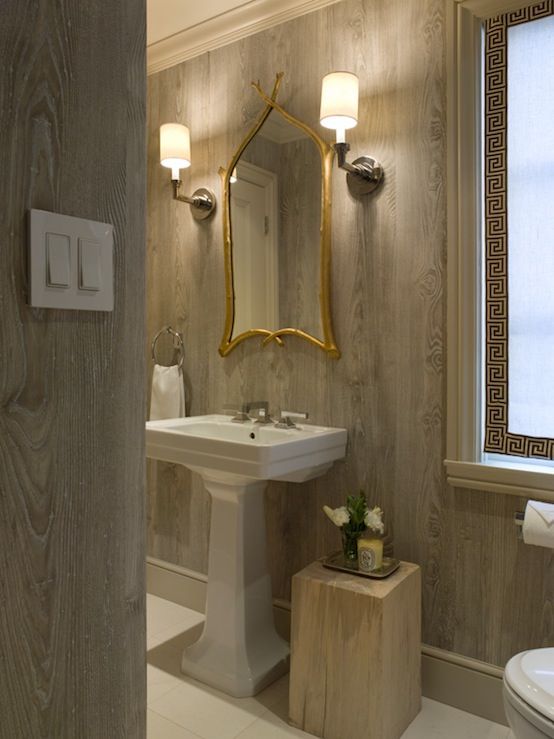 Bathroom Design With Faux Bois Wallpaper White Pedestal Sink