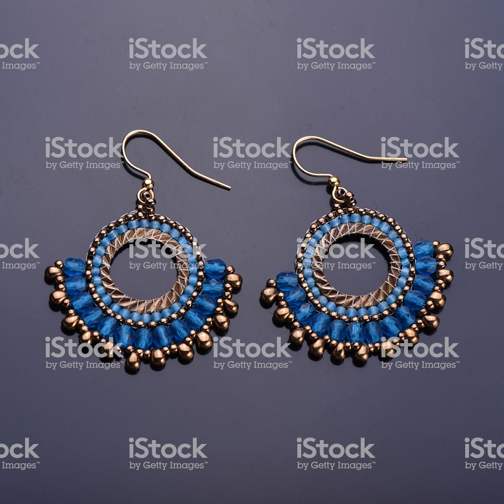 Beaded Earrings Blue On A Dark Background Beadwork Top View Stock