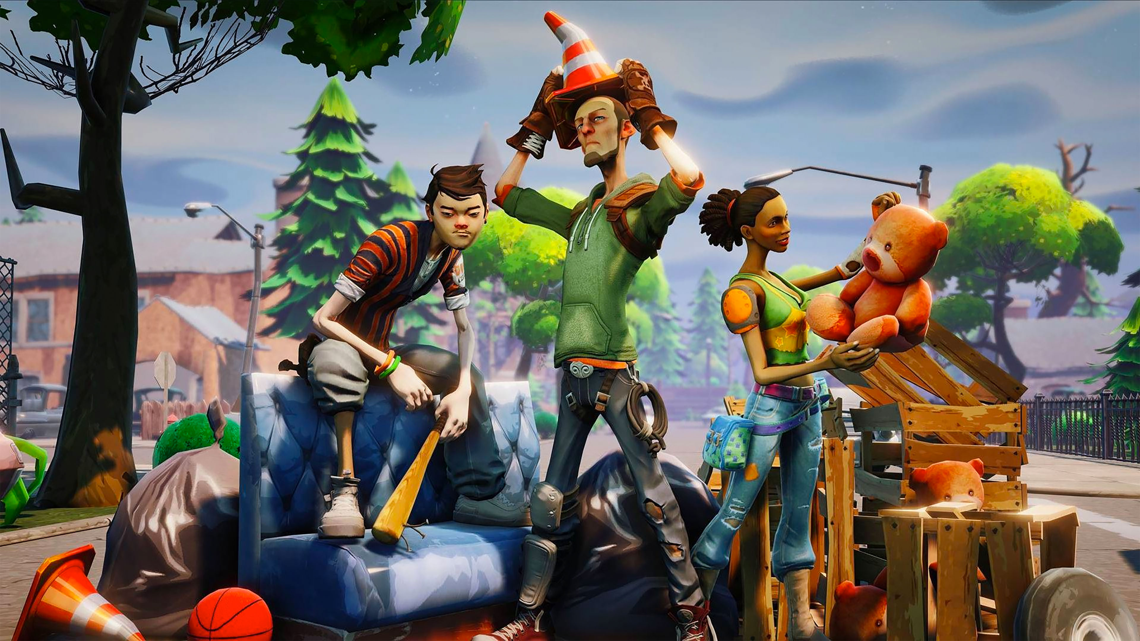 Fortnite characters scavenging in a suburban setting