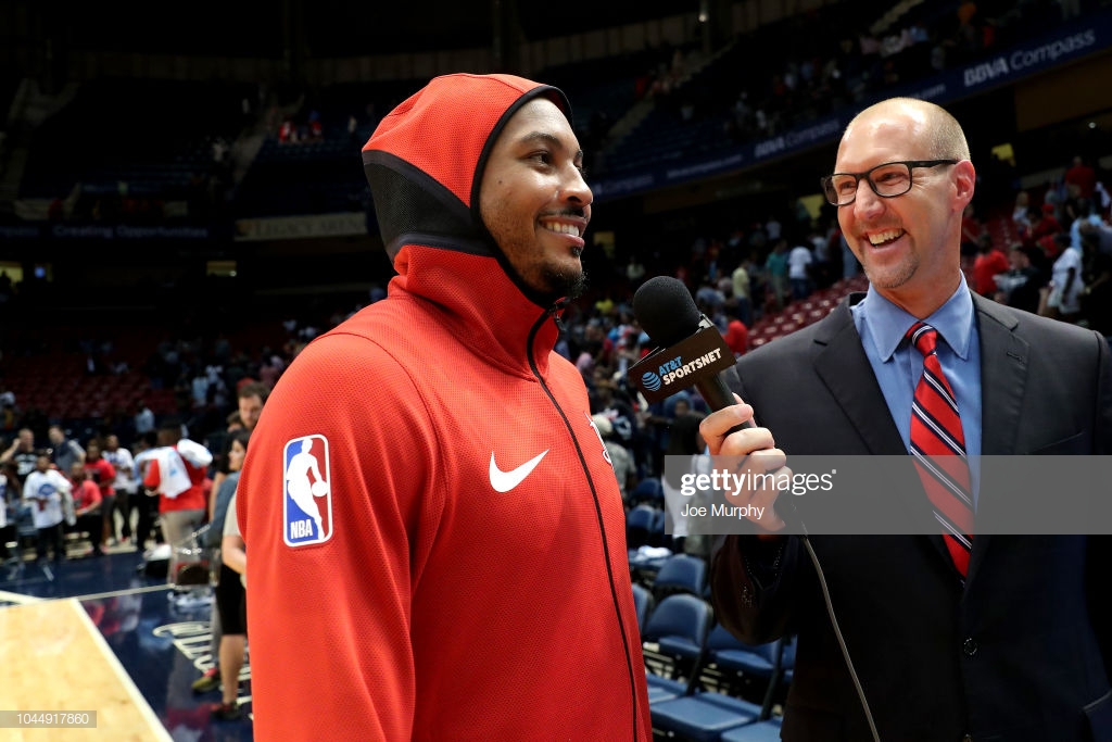 Carmelo Anthony Of The Houston Rockets Talks With Media Against