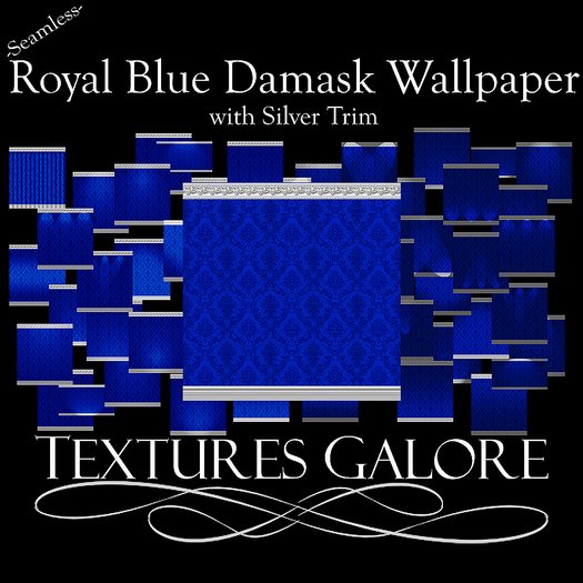 Second Life Marketplace Royal Blue Damask Wallpaper With Silver Trim
