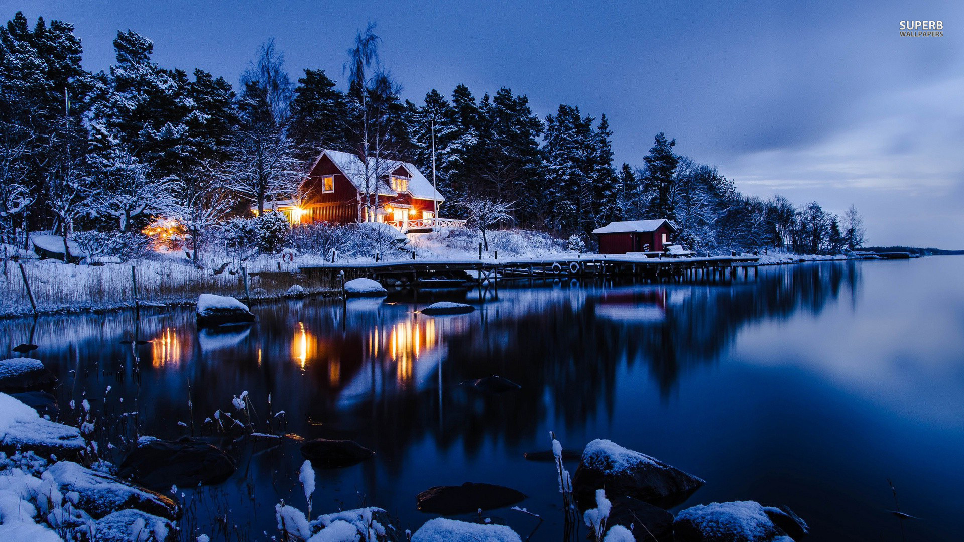 Lakeside Winter Cabin