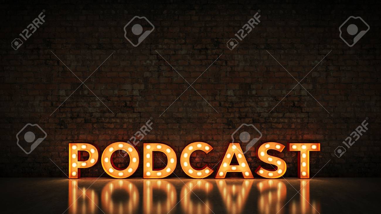 Neon Sign On Brick Wall Background Podcast 3d Rendering Stock