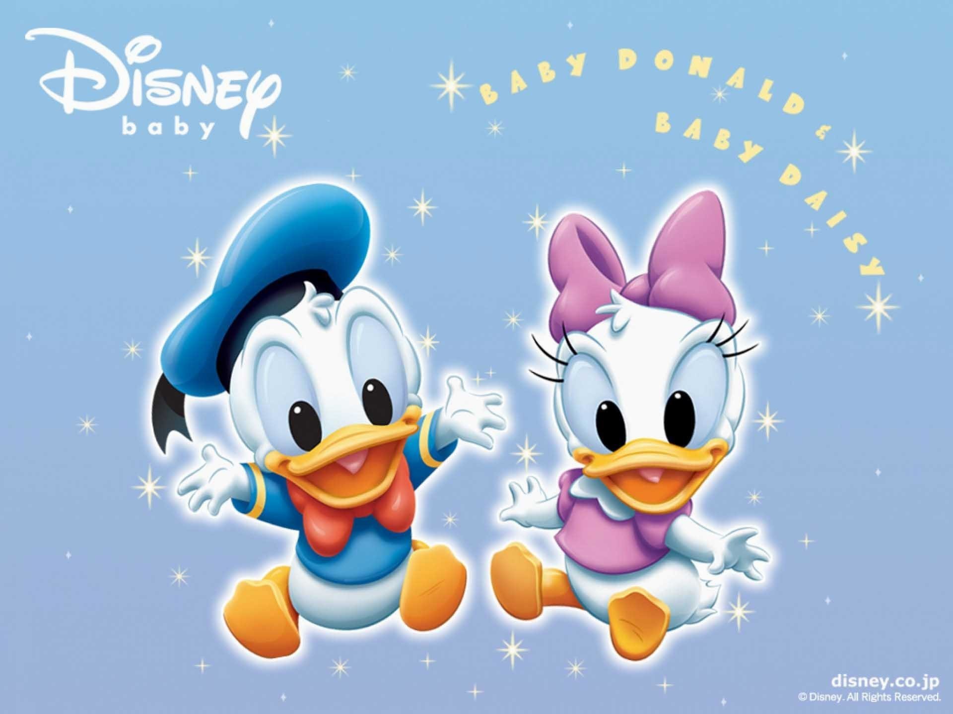 Baby Donald and Baby Daisy Duck on a light blue background with sparkles