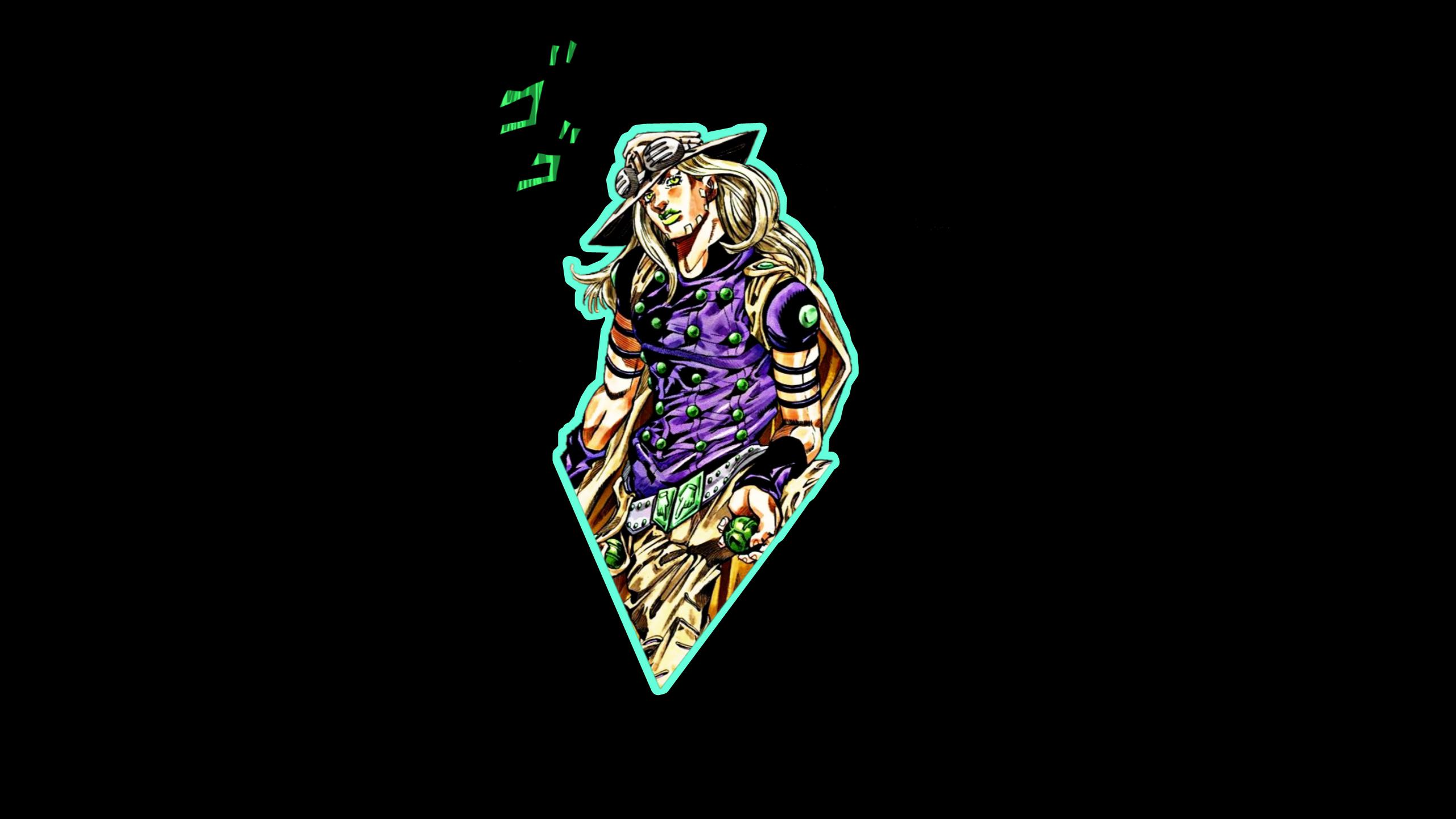 Gyro Zeppeli from JoJo's Bizarre Adventure, striking a pose against a black background. The character design features his signature hat, goggles, and purple top