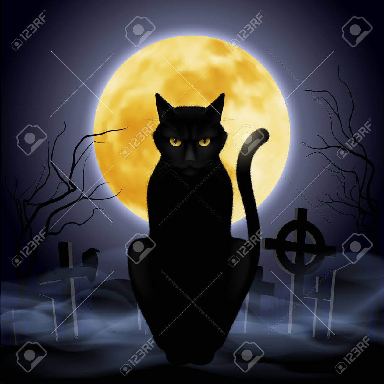 Black Cat Sitting On A Background Of The Full Moon In Cemetery