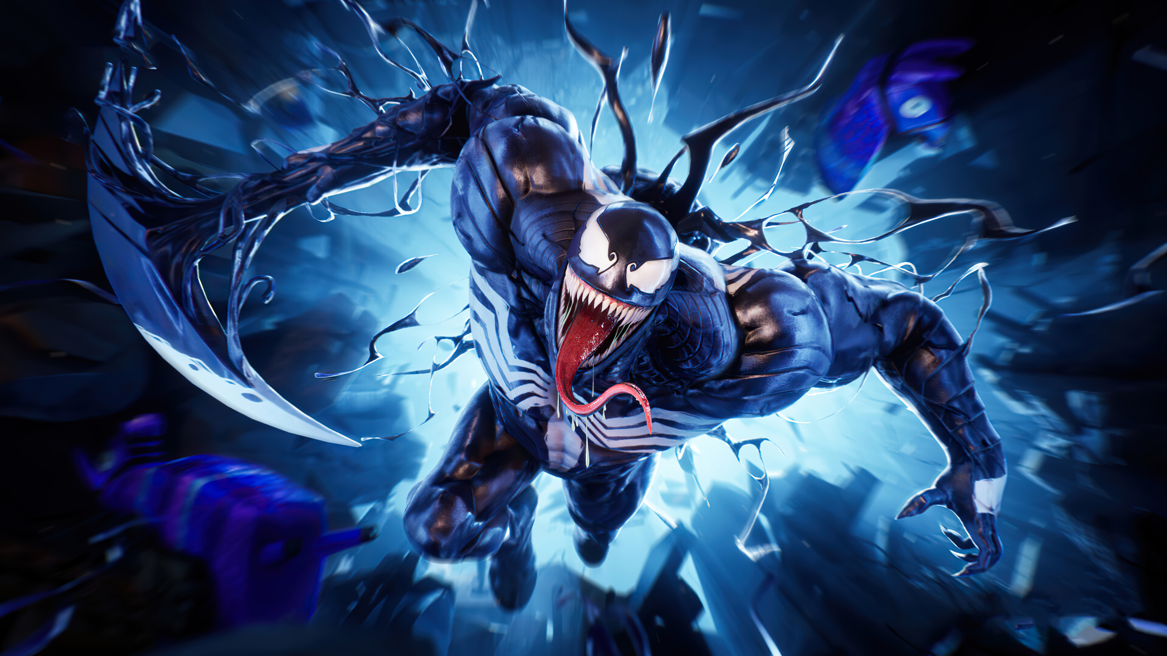 Venom from Marvel Comics, teeth and claws bared, against a blurred blue and black background