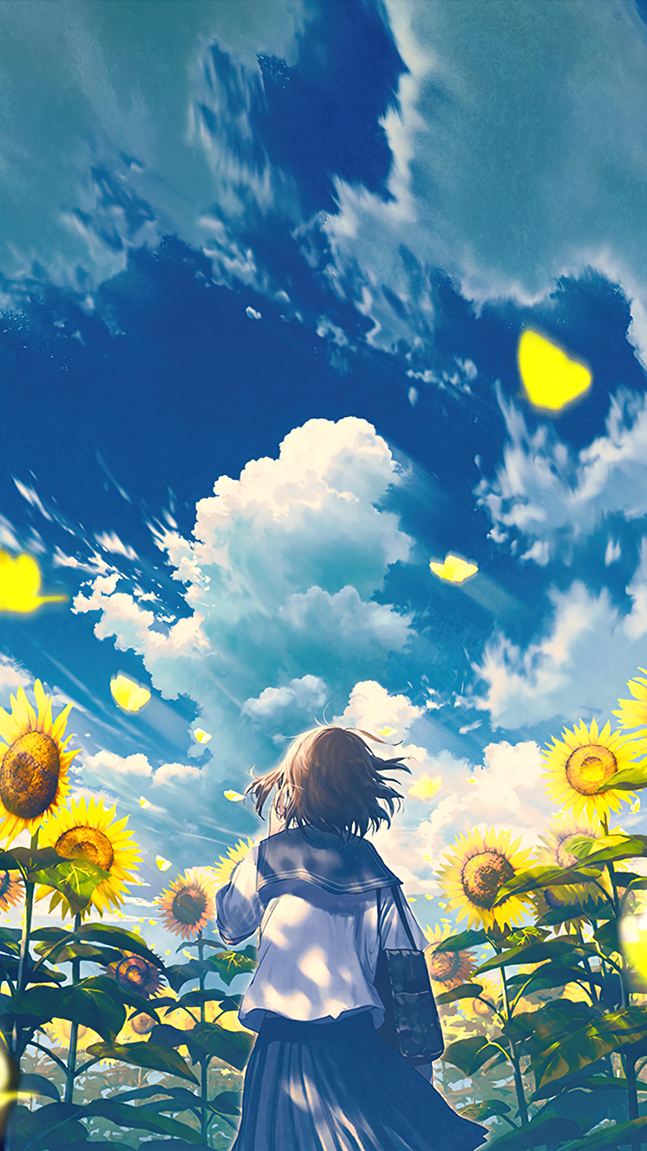 Anime School Girl Sun Flower Scenery Wallpaper iPhone Phone 4K 1430f