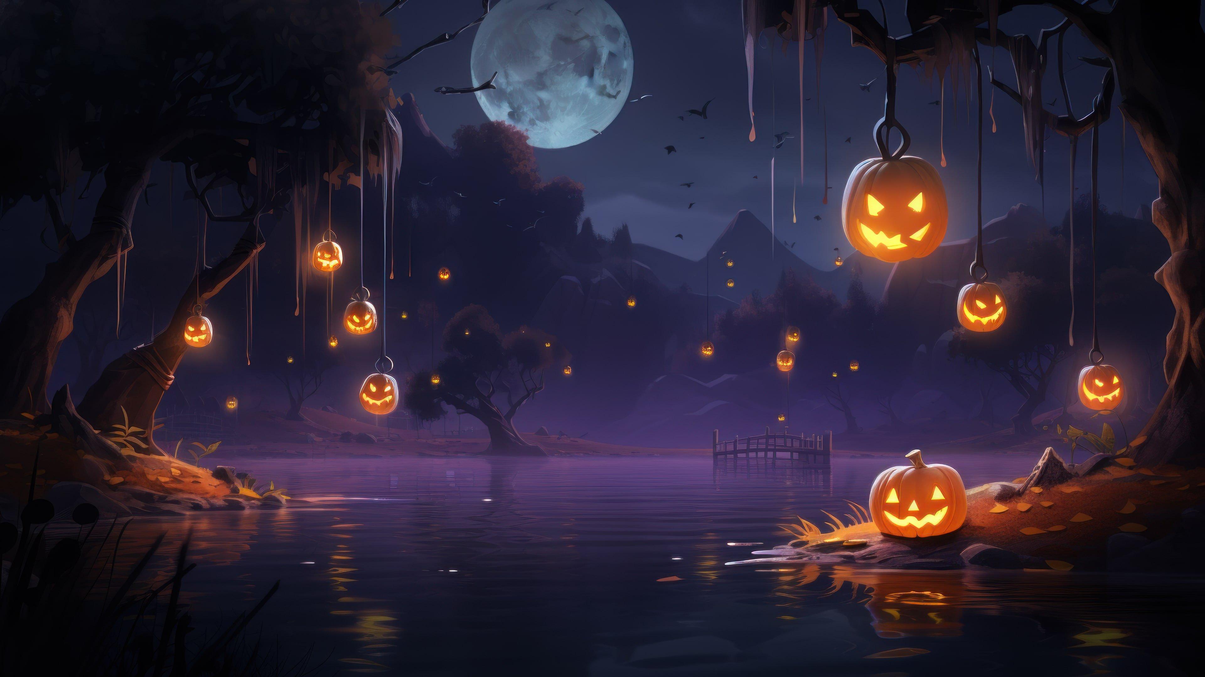 Halloween Pumpkin Lake Ai Generated 4k Wallpaper