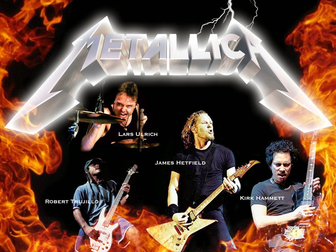 Metallica band members with a fiery background