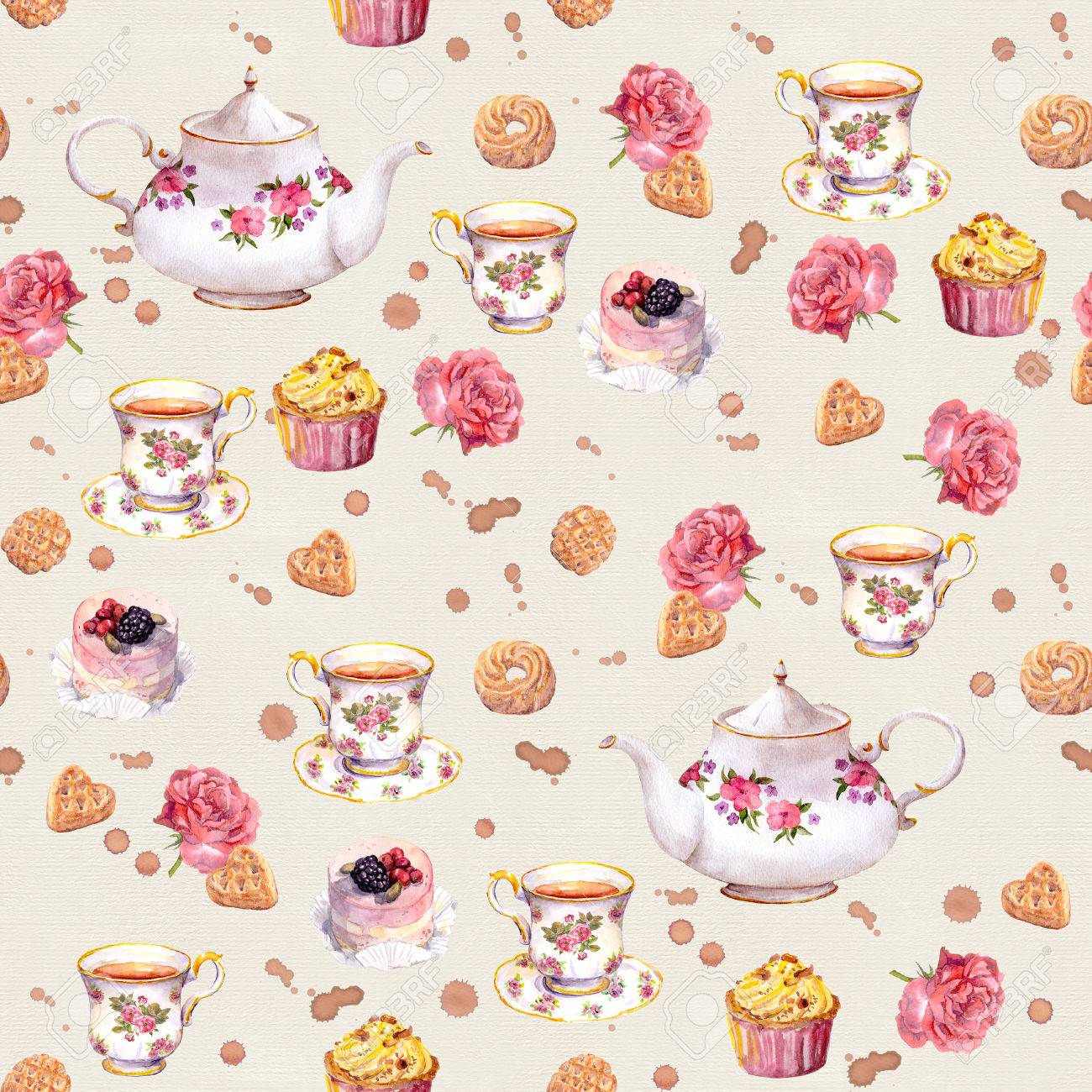 Tea Pot Teacup Cakes And Flowers Repeated Time Wallpaper