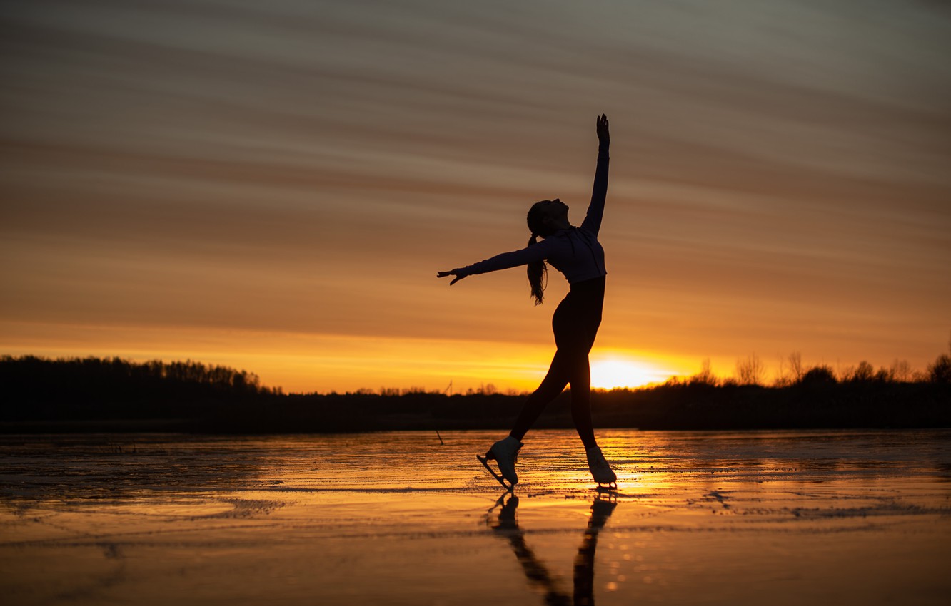 Wallpaper Girl Sunset Pose Mood Ice Figure Skating Skates