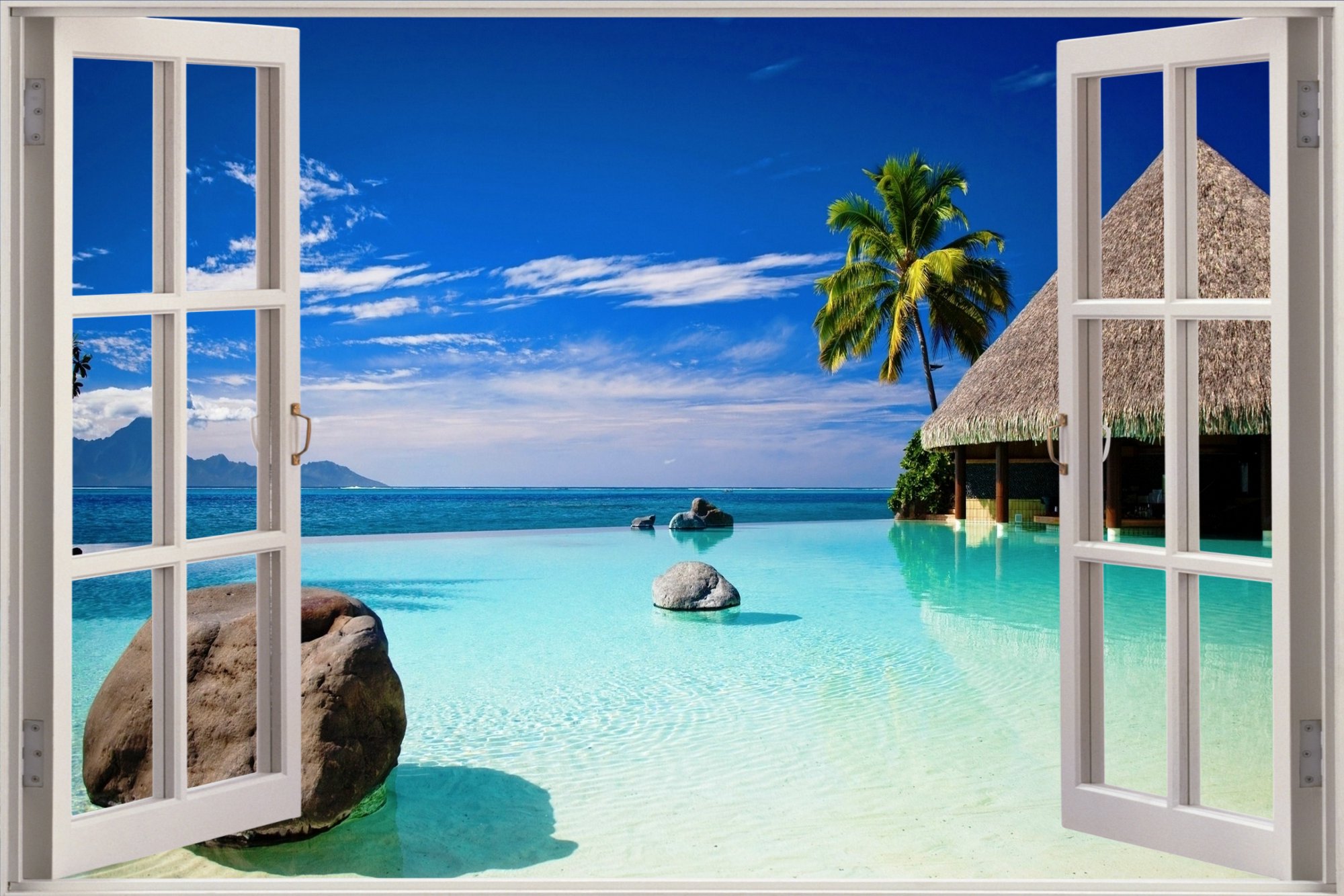 3d Window Exotic Ocean Beach Wall Stickers Film Decal Wallpaper