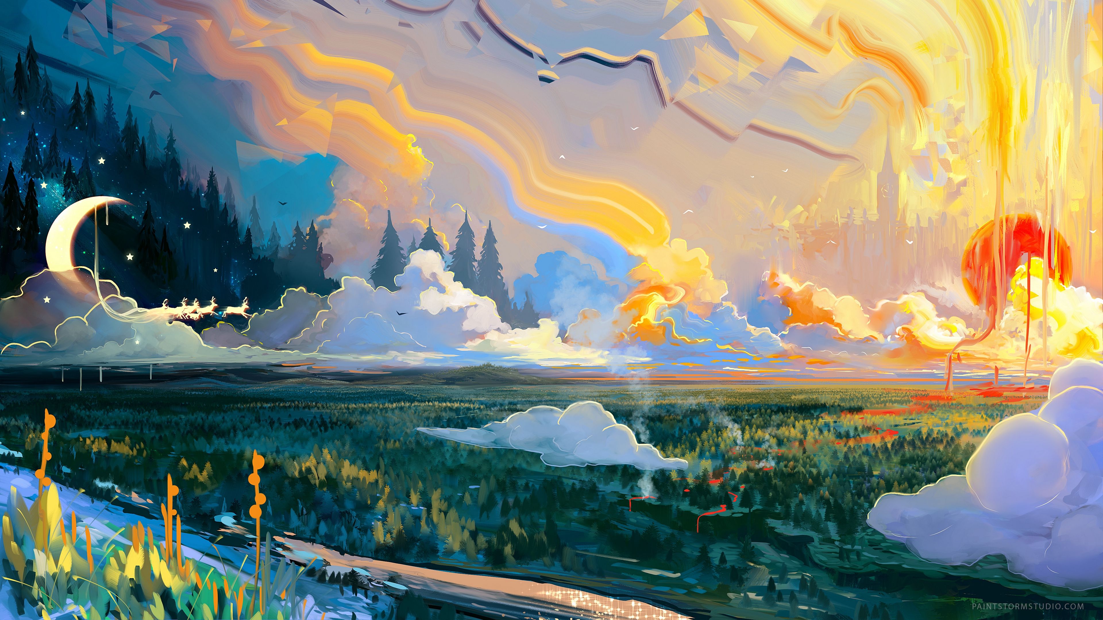 4k Fantasy Art Wallpaper: Surreal Landscape with Crescent Moon and Sunset