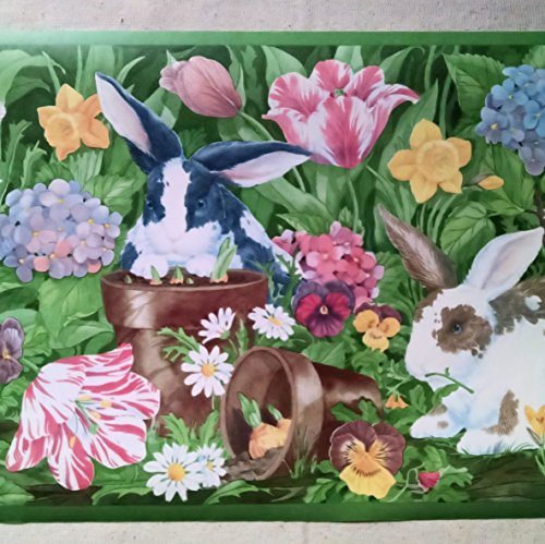 Garden Bunnies Rabbits Flowers Wallpaper Border   CC818B
