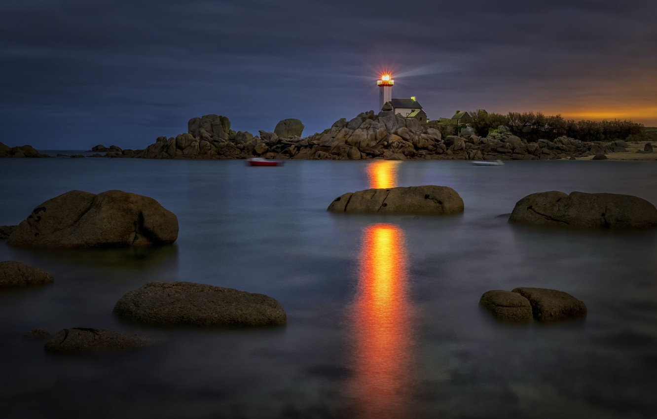 Wallpaper sea light landscape night stones shore boat
