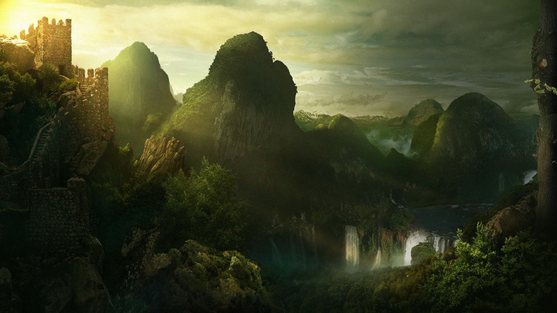 Wallpaper Fantasy Mountains Landscapes Waterfalls 3d