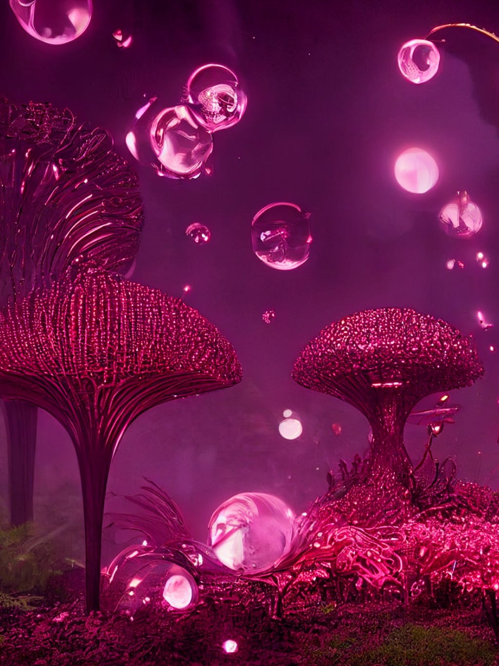 A vibrant, otherworldly landscape in shades of magenta, with bioluminescent flora resembling mushrooms and floating iridescent bubbles. This surreal digital art piece evokes a futuristic, dreamy aesthetic