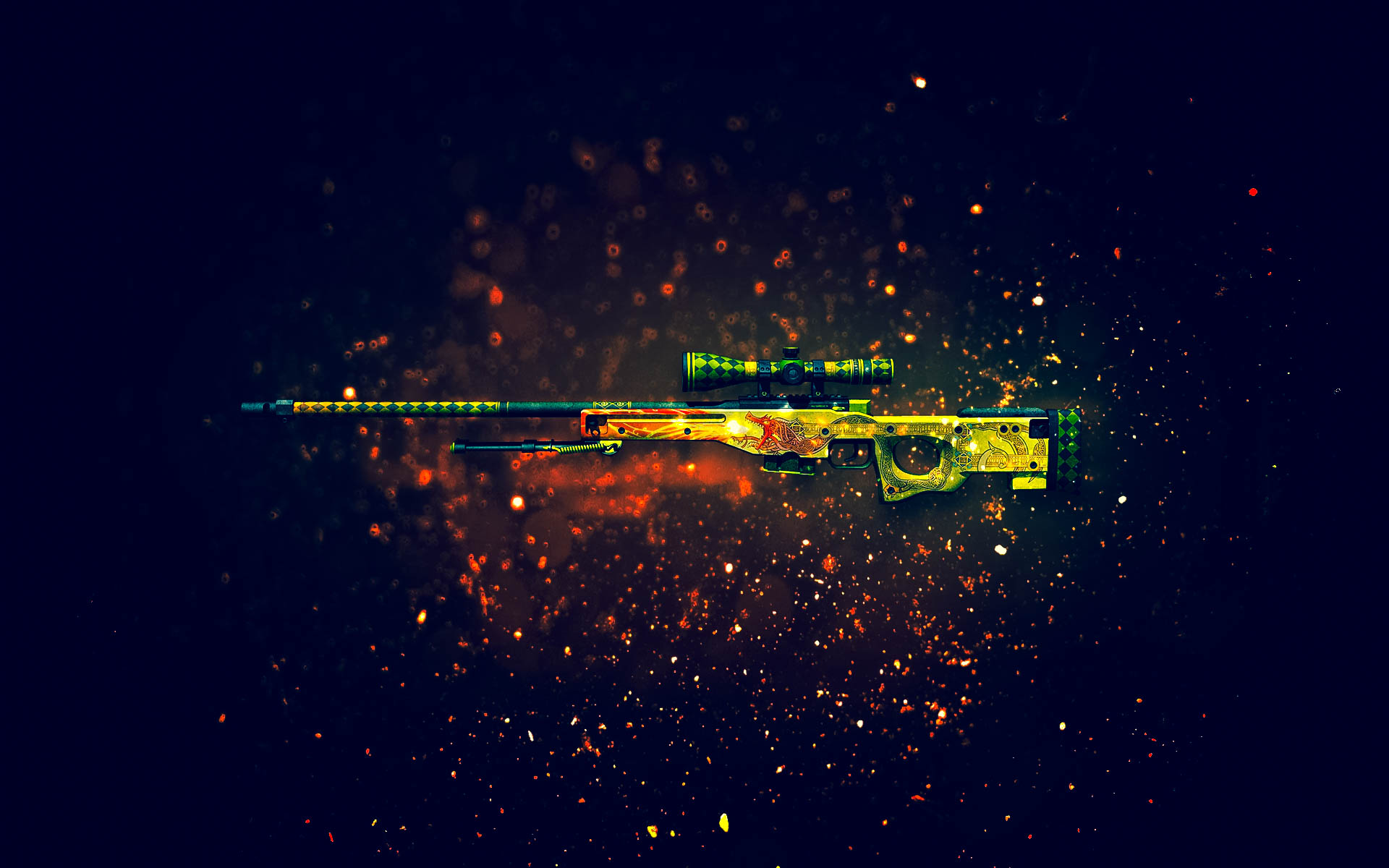 A striking 4k wallpaper featuring a vibrant, custom-skinned AWP sniper rifle from Counter-Strike: Global Offensive, set against a backdrop of fiery particles