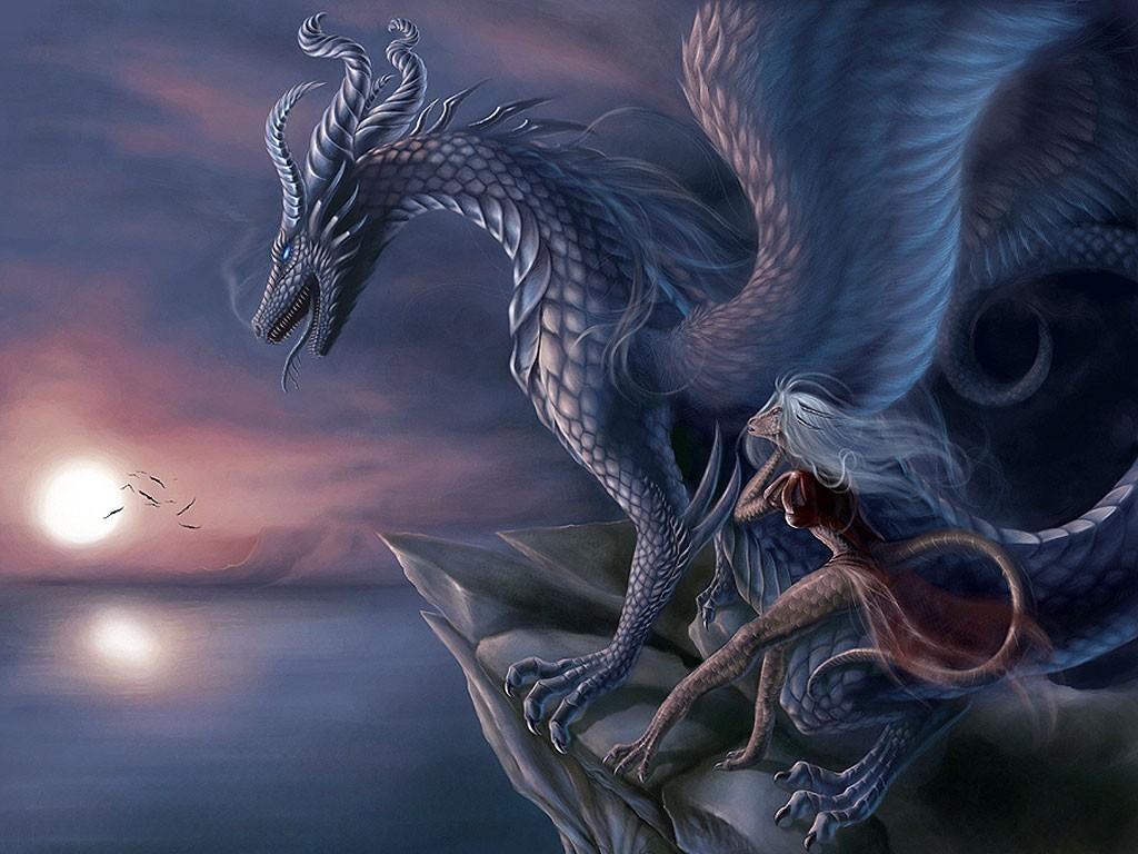 A majestic blue dragon perches on a cliff overlooking a tranquil sea at sunset, accompanied by a smaller, ethereal dragon-like creature